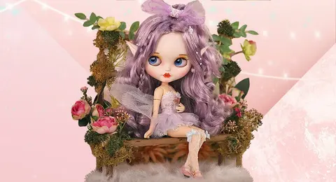A modern custom-painted Blythe art doll with purple curly hair, elf ears and a fairy-style outfit