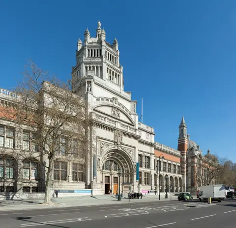 The ornate entrance facade of the Victoria and Albert Museum on Cromwell Road, South Kensington, London